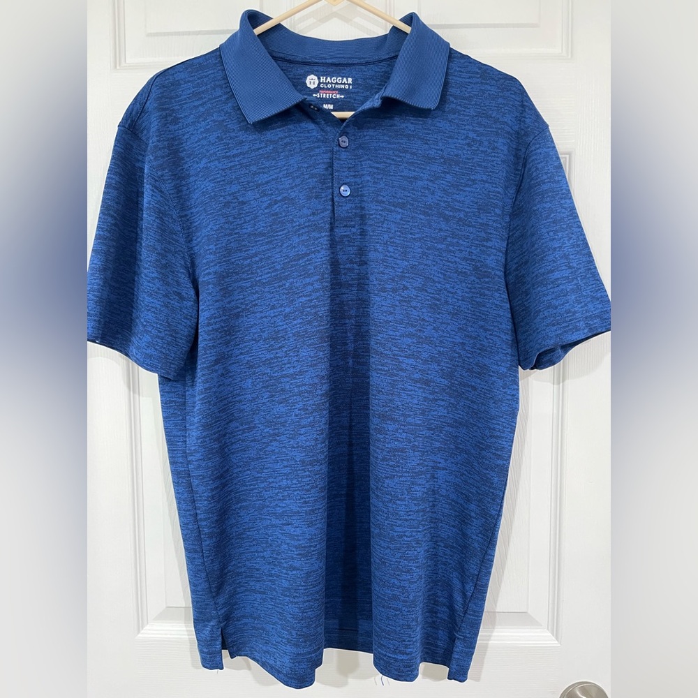 Haggar Men's Blue Heather Polo, Performance Stretch Size Medium, 1/4 button